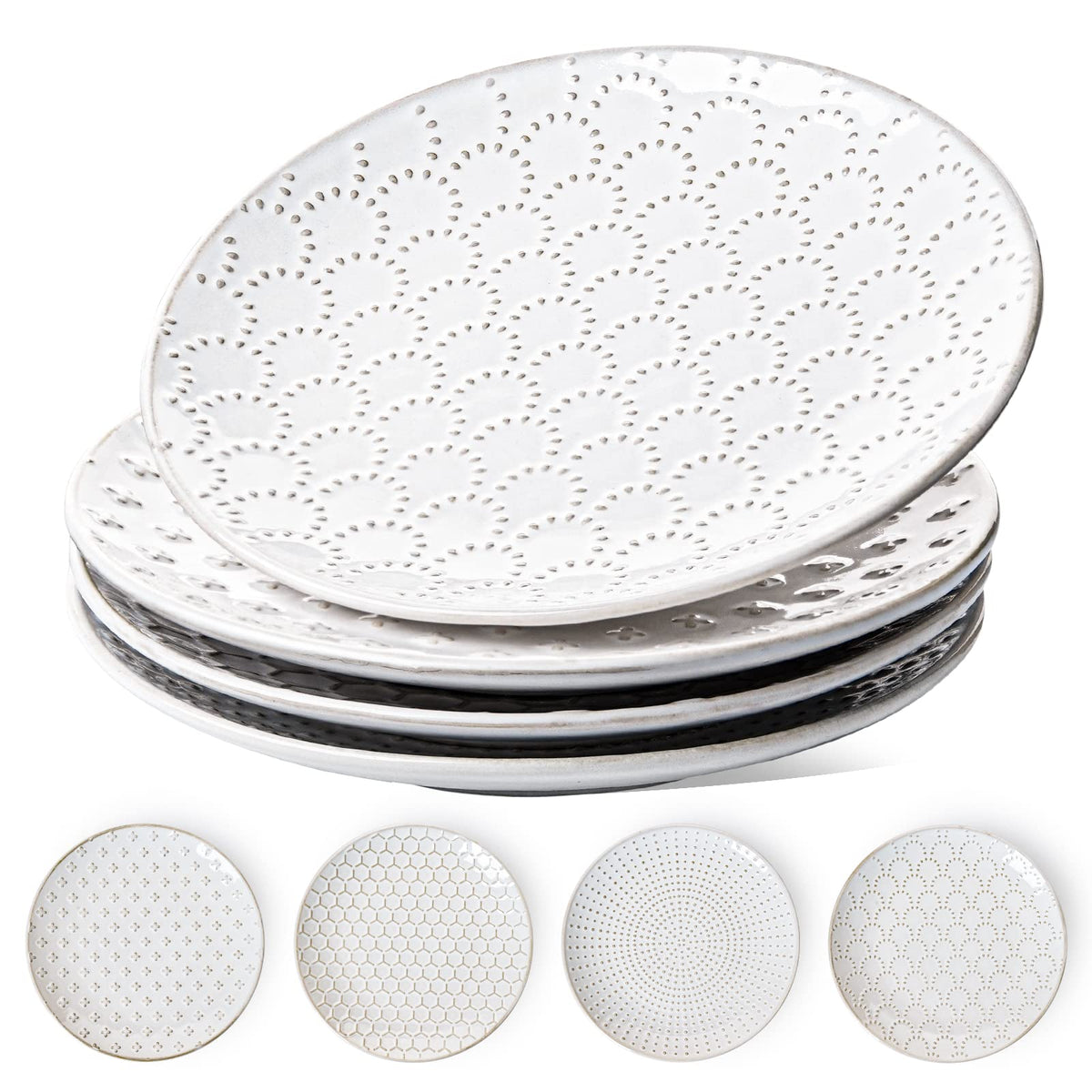 LE TAUCI Ceramic Dinner Plates Set of 4, 10 Inch Large White Plate Set for Kitchen, Microwave & Dishwasher Safe Dinnerware Sets, Scratch Resistant Serving Plates for Steak, Pasta - Embossed, White
