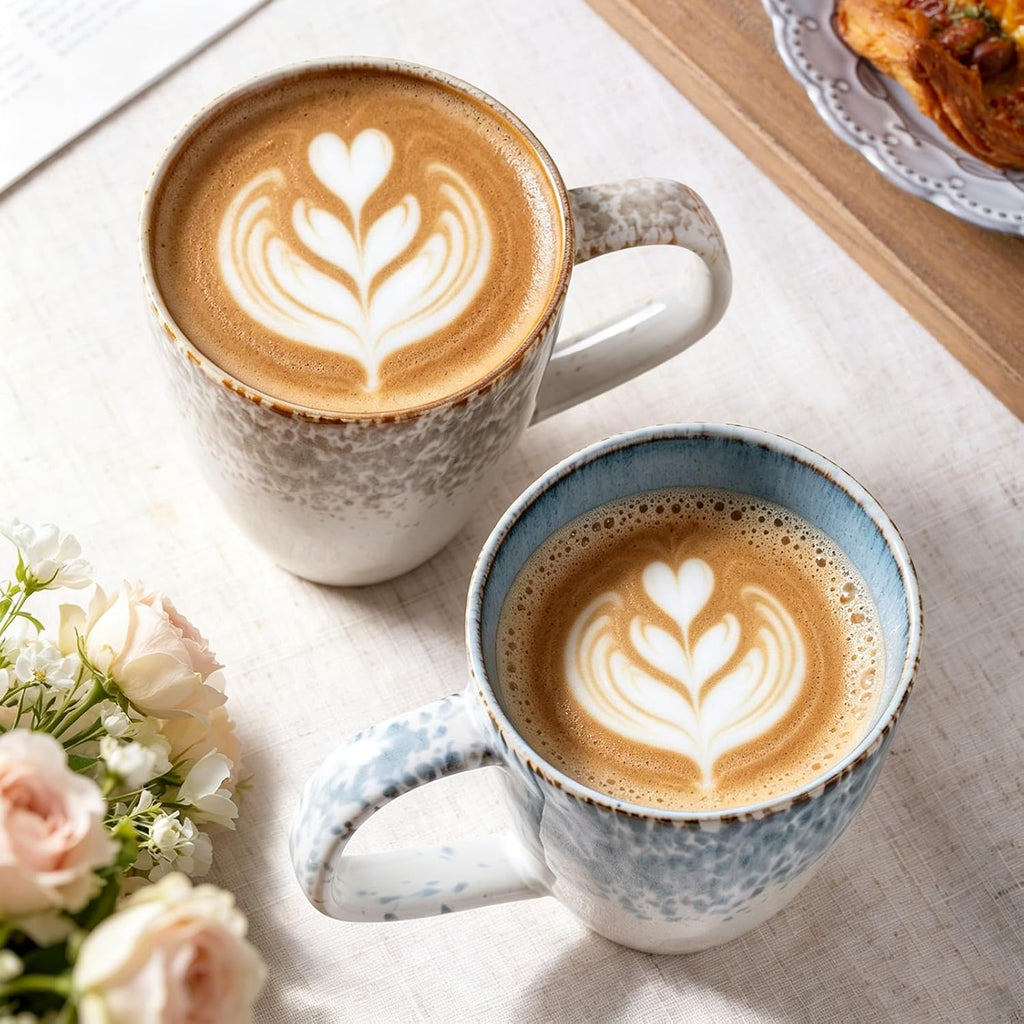 Stoneware Coffee Mugs Set of 2, 17oz Hand-Painted Coffee Cups with Handle