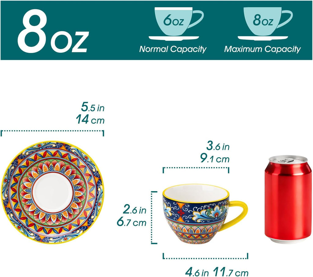 vancasso 8 Oz Cappuccino Cups, Porcelain Tea Cups and Saucers Set of 6