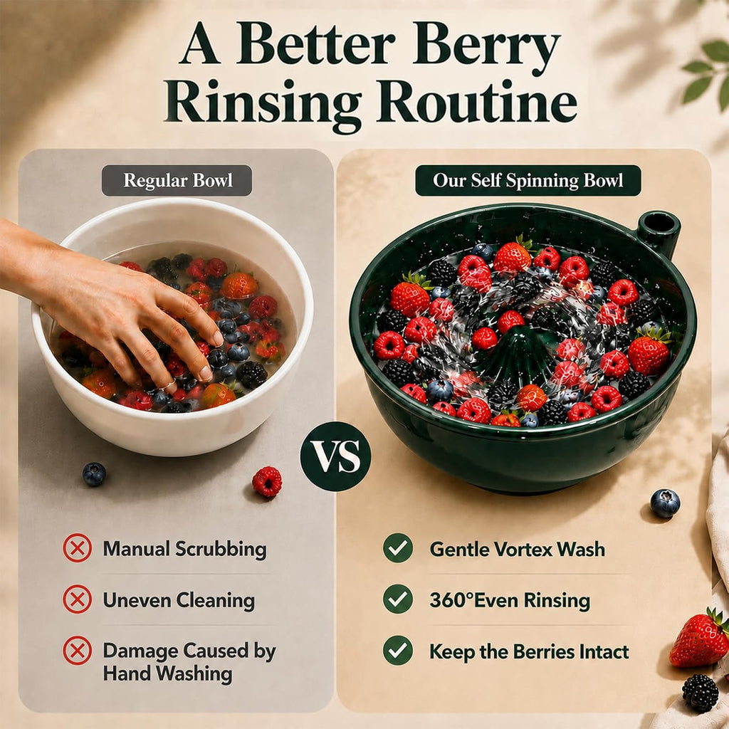 Self Spinning Berry Washing Bowl Ceramic with Drain Holes, Automatic 360° Hydro-Vortex Fruit Washer Bowl, Ceramic Fruit Washing Bowl and Colander Basket for Berries, Small Produce, Table Serving