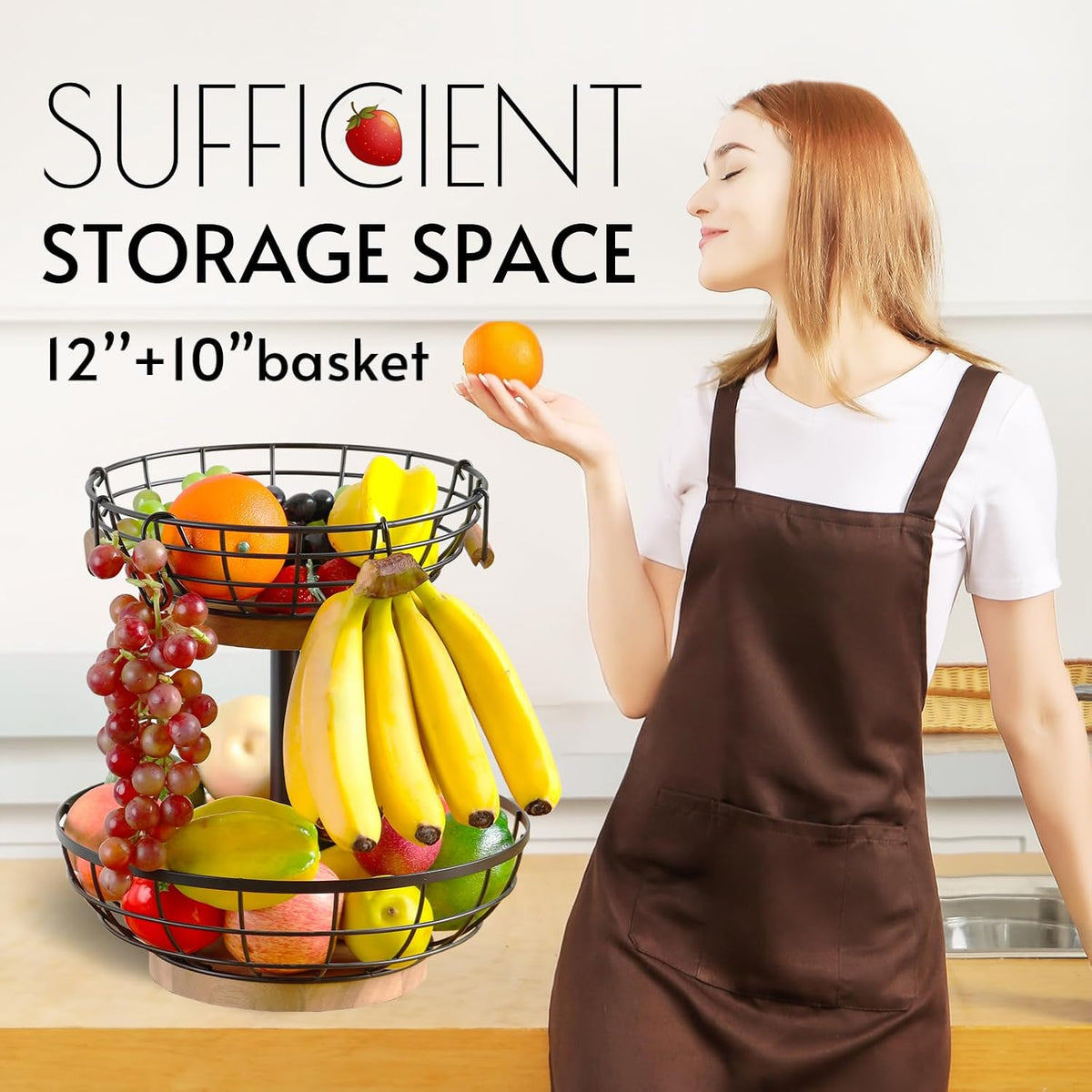 WILDMOS 2-tier Fruit Basket Bowl,Metal Basket with Wooden Base,Fruit and Vegetable Storage with Banana Hanger,Fruit Basket for Kitchen Counter Organizer.