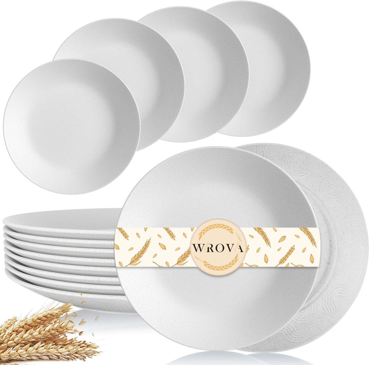 Wrova White Plastic Plates 10 Inch, Reusable Wheat Straw Plates Set of 8