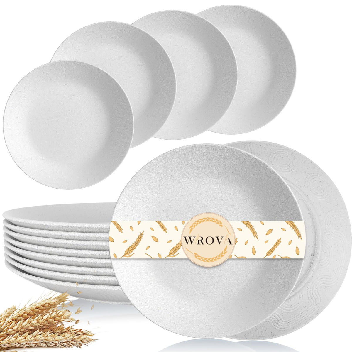 Wrova White Plastic Plates 10 Inch, Reusable Wheat Straw Plates Set of 8