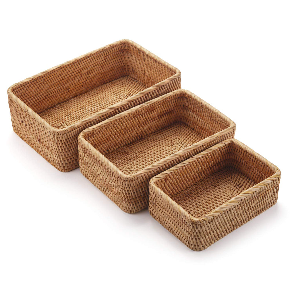 Round Rattan Fruit Baskets Woven Storage Bowls Key Holder Stackable for Shelf Kitchen Tabletop Natural Set of 3
