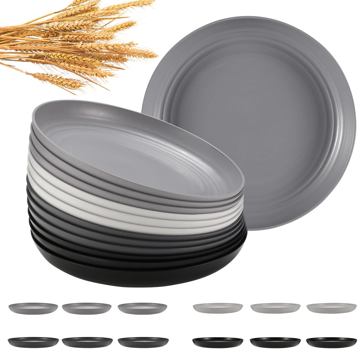 HEYCOME 12 Pcs Unbreakable Deep Dinner Plates Set, 10 inch Reusable Plastic Wheat Straw Plates, Microwave and Dishwasher Safe Plate for Kitchen, Lightweight Plate for Dessert, BPA Free, Dark Green