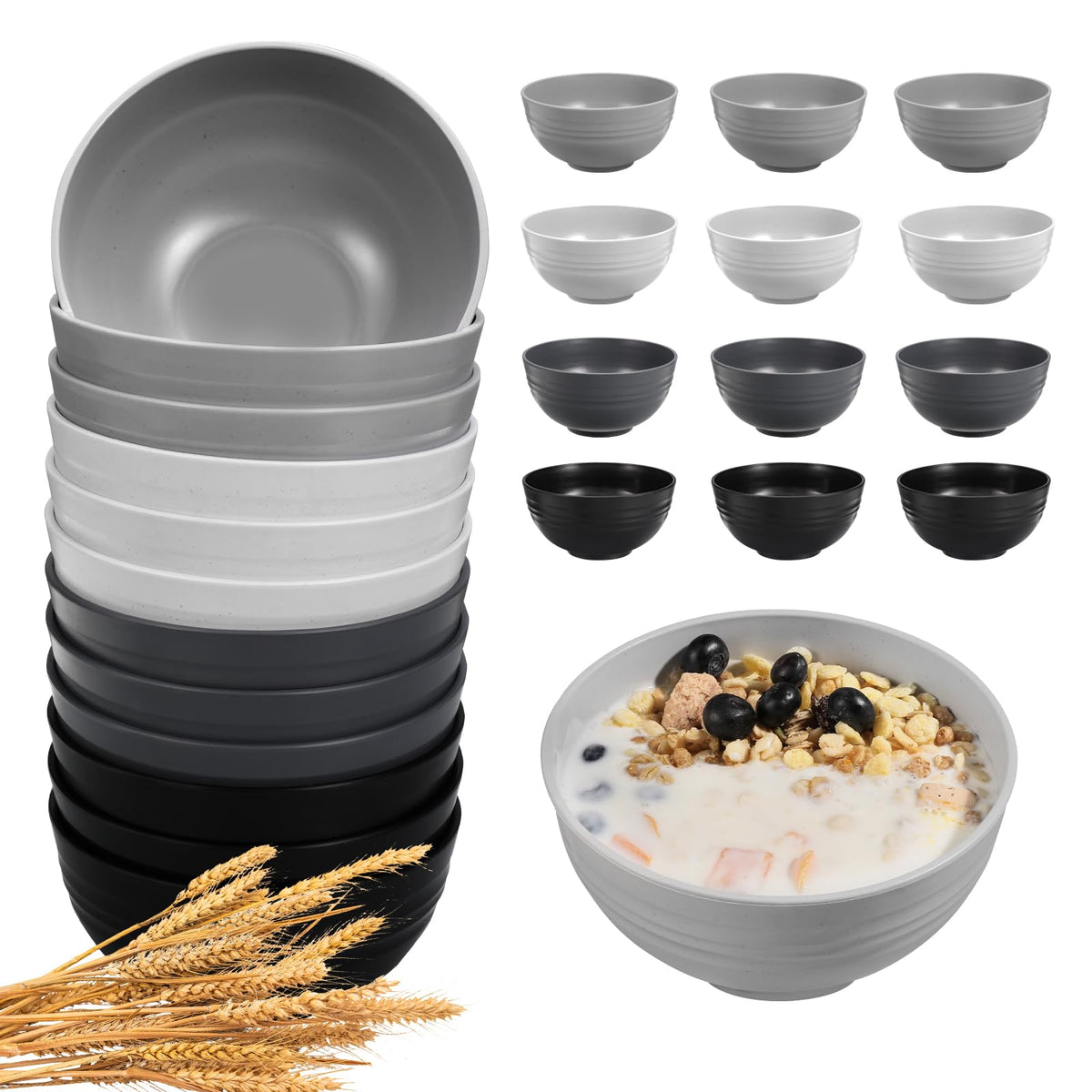 HEYCOME 12 Pcs Unbreakable Cereal Bowls Set, 26 Oz Wheat Straw Bowls Set, Microwave & Dishwasher Safe Rice Bowls for Kitchen, Reusable Plastic Bowls for Soup, Salad and Snack, BPA Free, Multicolor