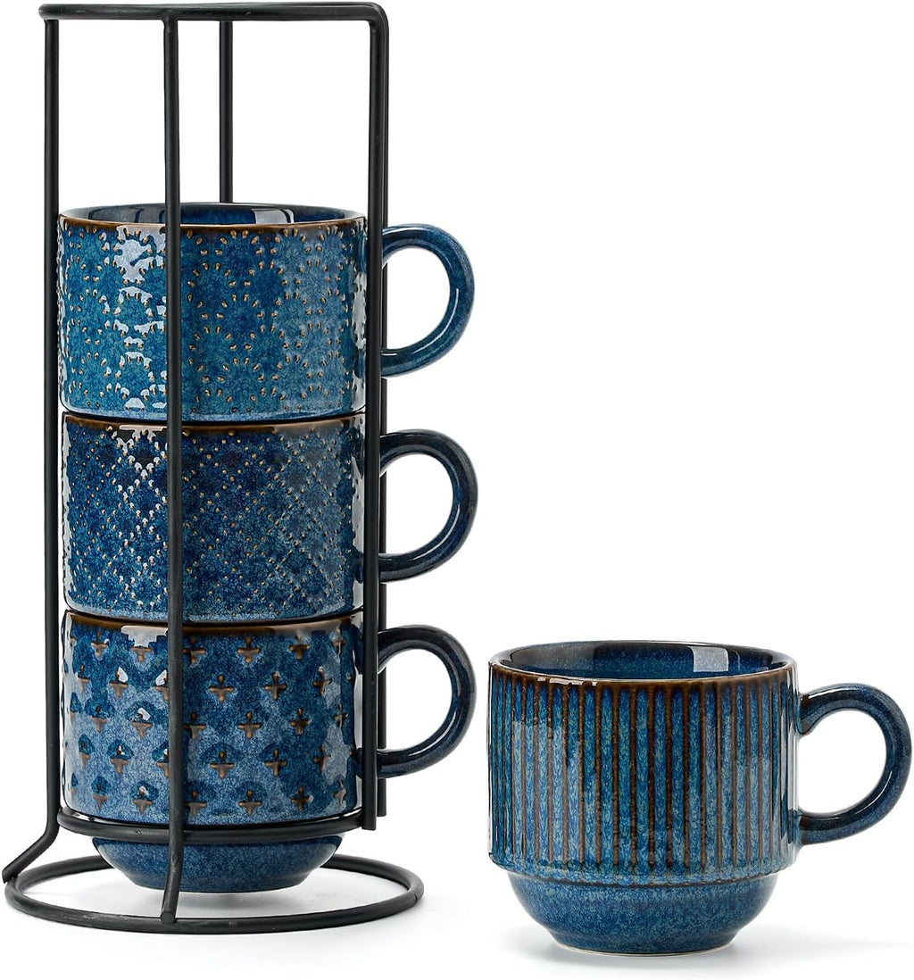 Large Ceramic Coffee Mug Set of 4 with Stand, 15 Oz Stackable Different Embossment Ribbed Latte Cup Set for Cappuccino, Tea, Hot Cocoa, Drinks - Dishwasher & Microwave Safe, Blue