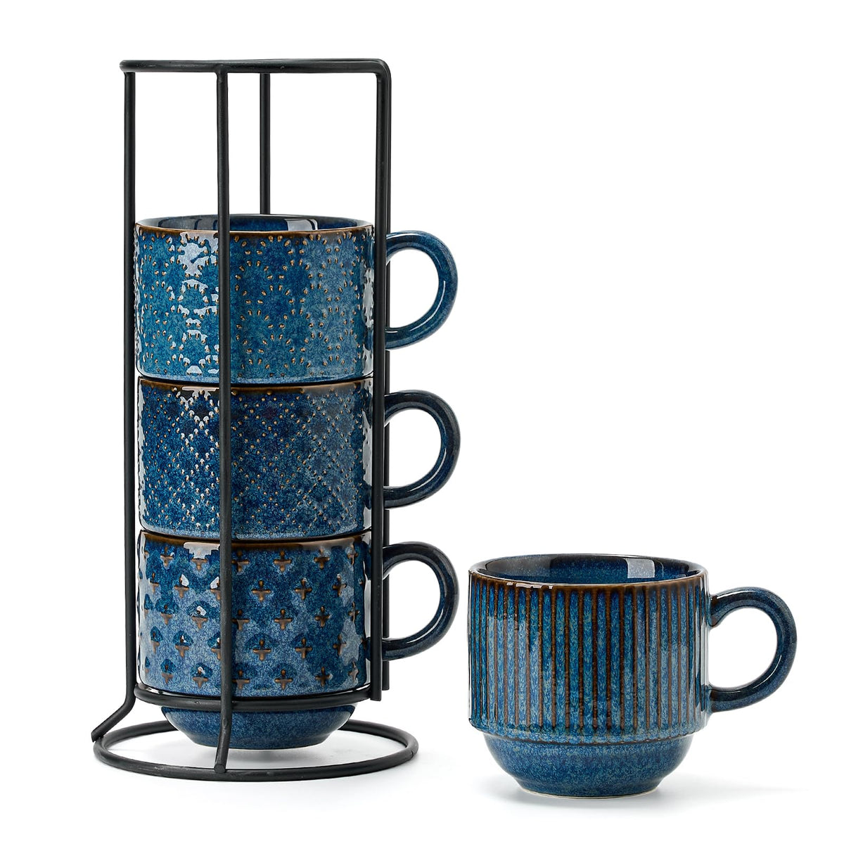 Large Ceramic Coffee Mug Set of 4 with Stand, 15 Oz Stackable Different Embossment Ribbed Latte Cup Set for Cappuccino, Tea, Hot Cocoa, Drinks - Dishwasher & Microwave Safe, Blue
