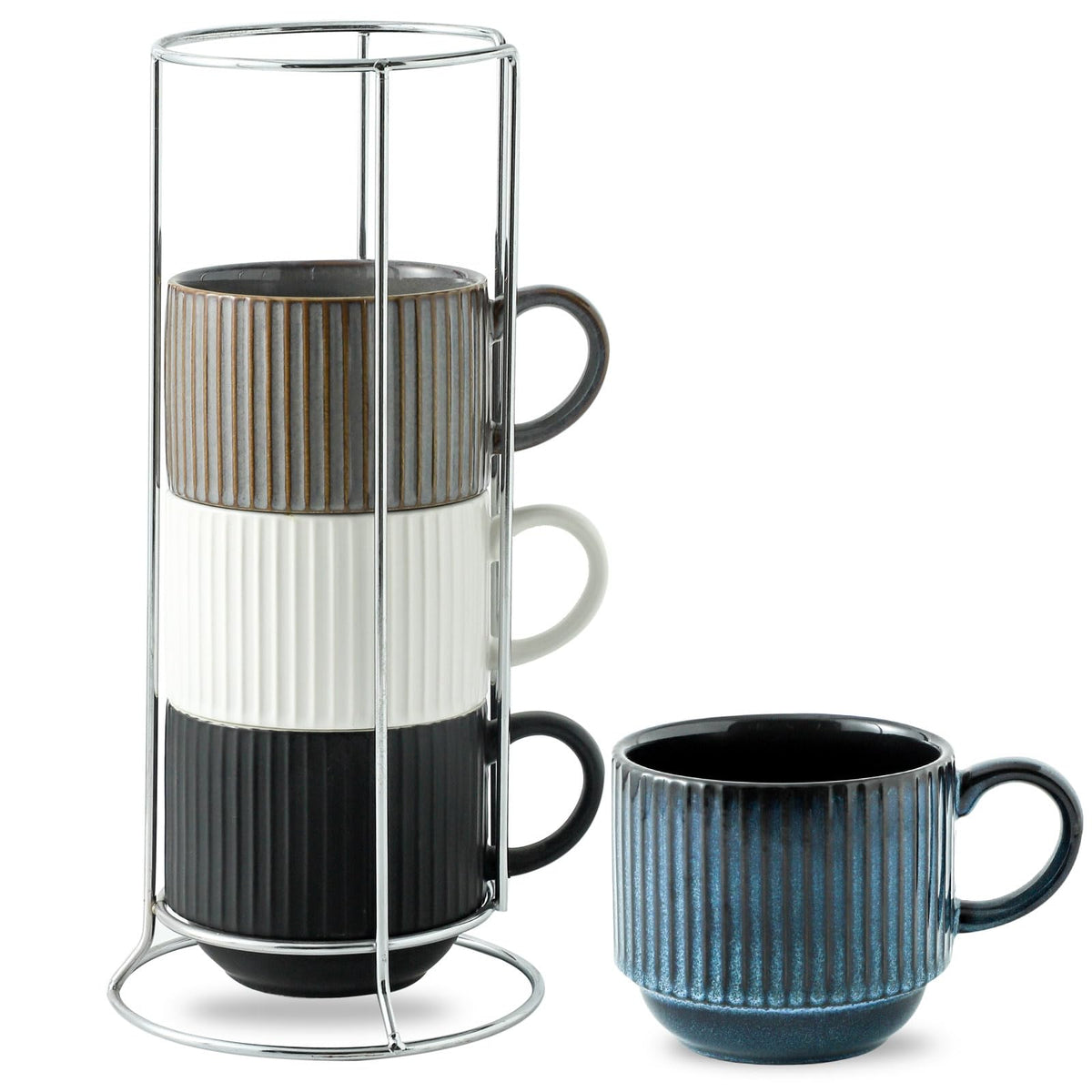 HASENSE Coffee Mug Ceramic Set of 4 with Stand, Stackable Large Latte Cups with Metal Stand, Dishwasher & Microwave Safe, Black for Cappuccino Tea Hot Cocoa