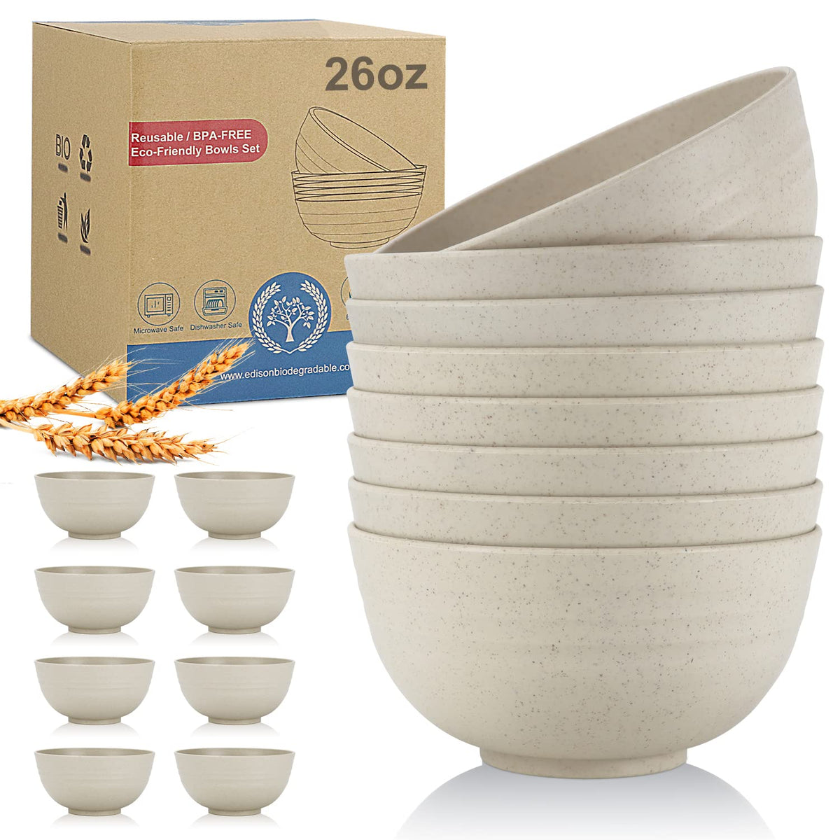 Wrova Wheat Straw Bowls Set 60 OZ Unbreakable Large Cereal Bowls Set of 6 Microwave and Dishwasher Safe Bowls Big Bowls for Camping and Picnic BPA Free Soup Bowl for Serving Oatmeal and Salad. Black