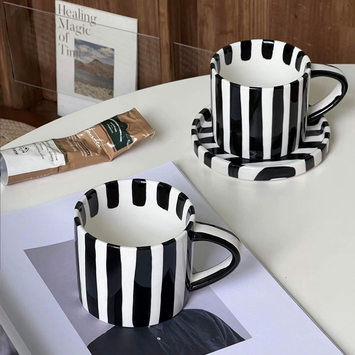 Small 8oz Stylish Handmade Striped Coffee Mug Espresso Cups With Saucer, Hand painted Esthetical Ceramic Cappuccino Mugs, Glazed Tea/Coffee Cup, Microwave safe tea cup with handle (Black)