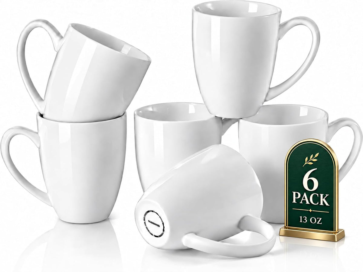 White Porcelain Coffee Mugs Set of 6, 13 Ounce Coffee Cups with Handle, Ceramic Tea Mugs for Latte, Hot Tea, Cappuccino, Mocha, Cocoa, Mug Gift Set, Dishwasher and Microwave Safe