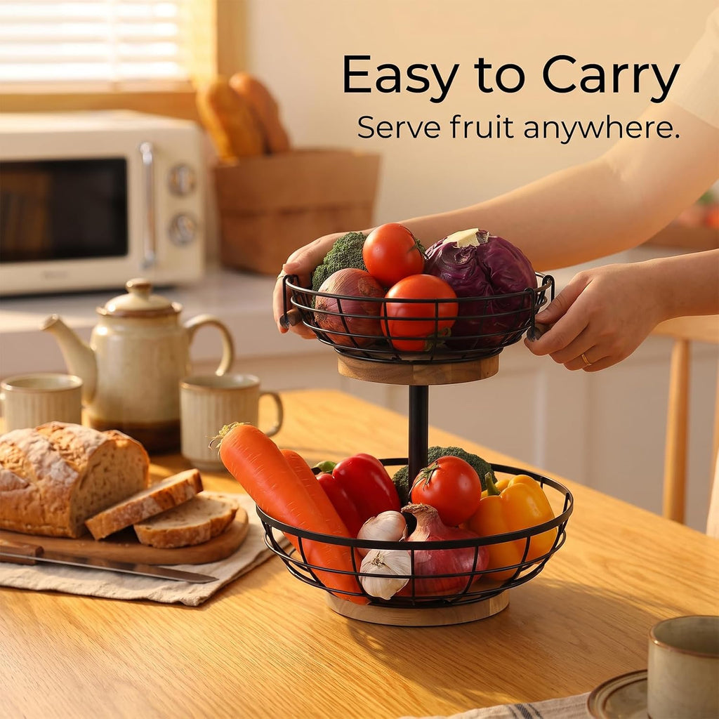 WILDMOS 2-tier Fruit Basket Bowl,Metal Basket with Wooden Base,Fruit and Vegetable Storage with Banana Hanger,Fruit Basket for Kitchen Counter Organizer.