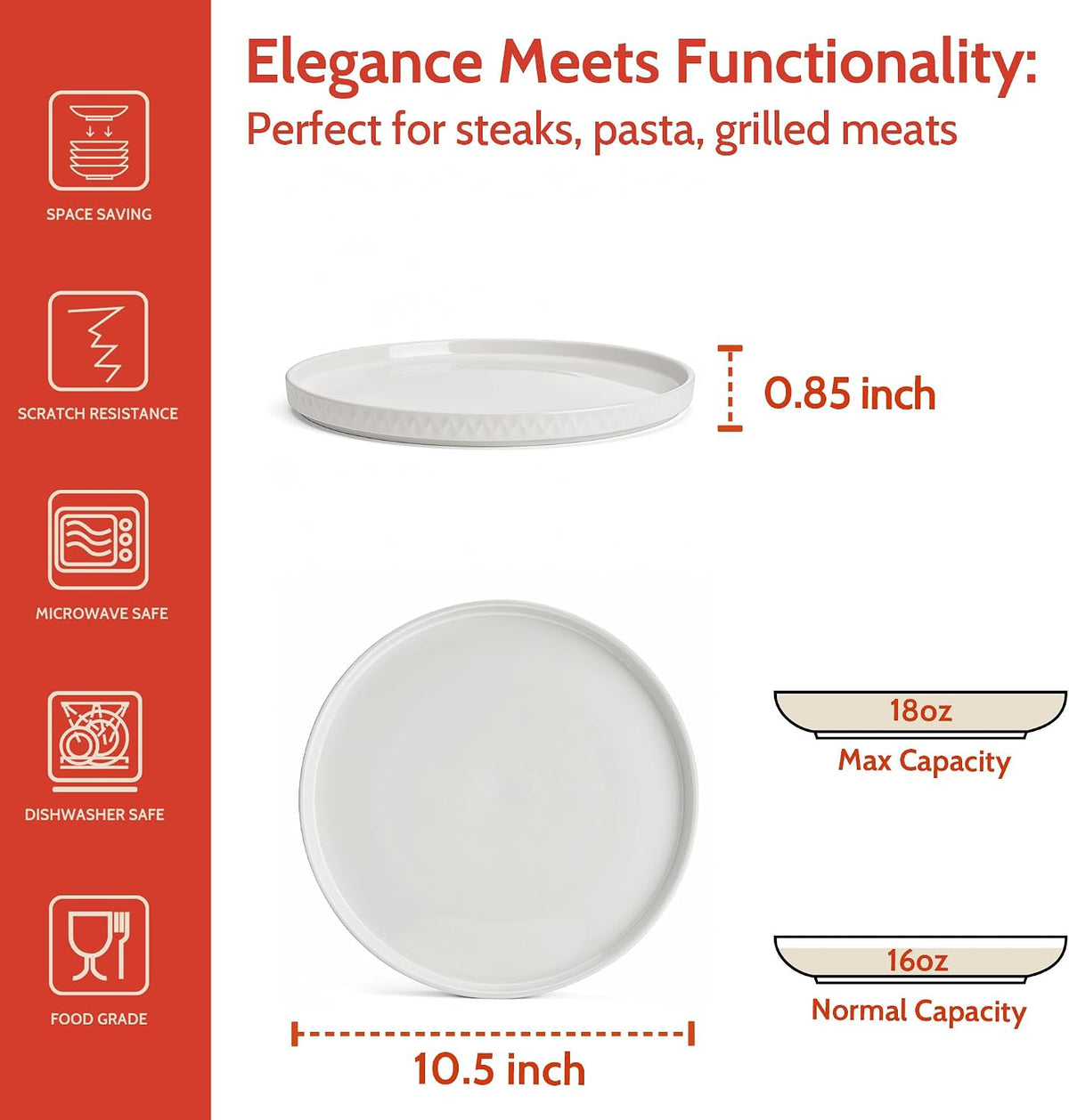 Sweese 10.5 Inch Porcelain Dinner Plates Set of 6, Elegant Plates, White