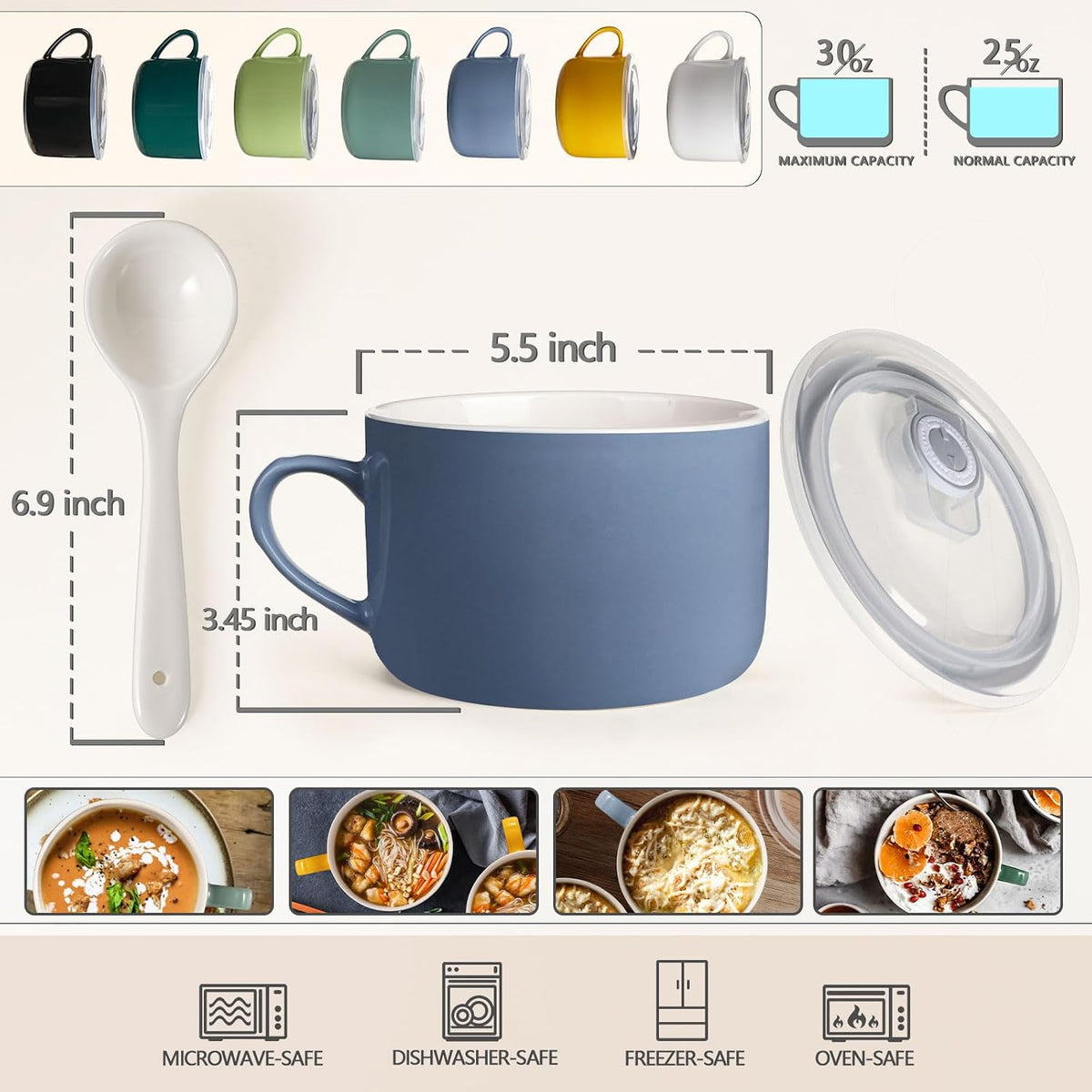 Soup Bowls with Handles & Spoons, 30oz Ceramic Ramen Bowl with Lid, Large Soup Mugs/Cups for Instant Noodle, Big Cereal Bowls for Oatmeal, Soup Containers with Lids, Set of 2, Sky Blue
