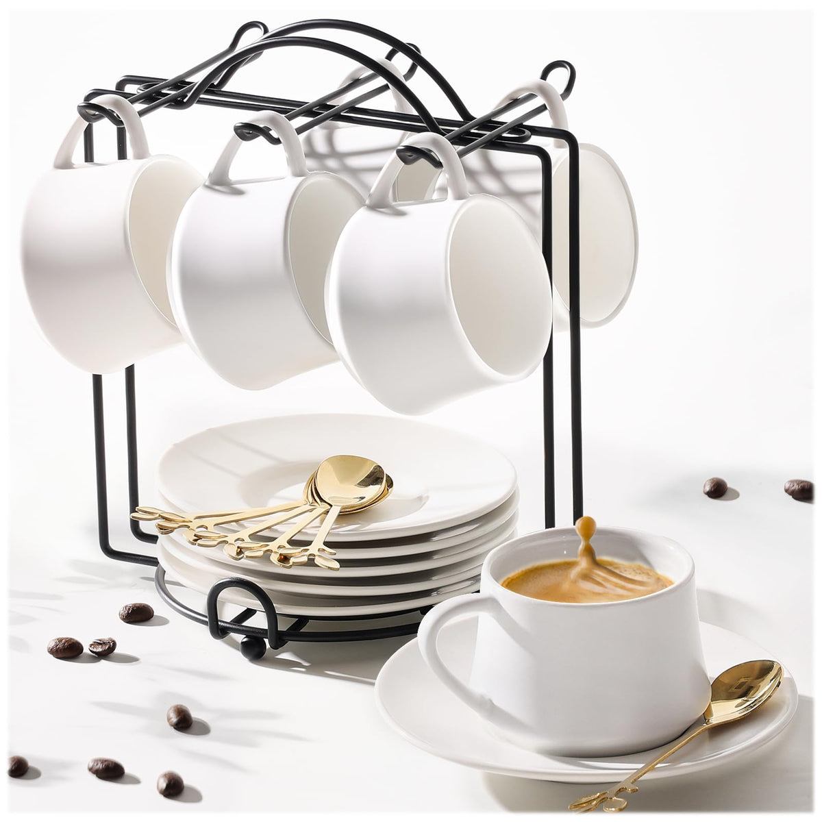Lareina 3-Ounce Espresso Cups with Saucers, Spoons and Metal Stand, Small Stackable Coffee Cups Set of 4, Ceramic Demitasse Mugs, Gift for Housewarming or Wedding, White