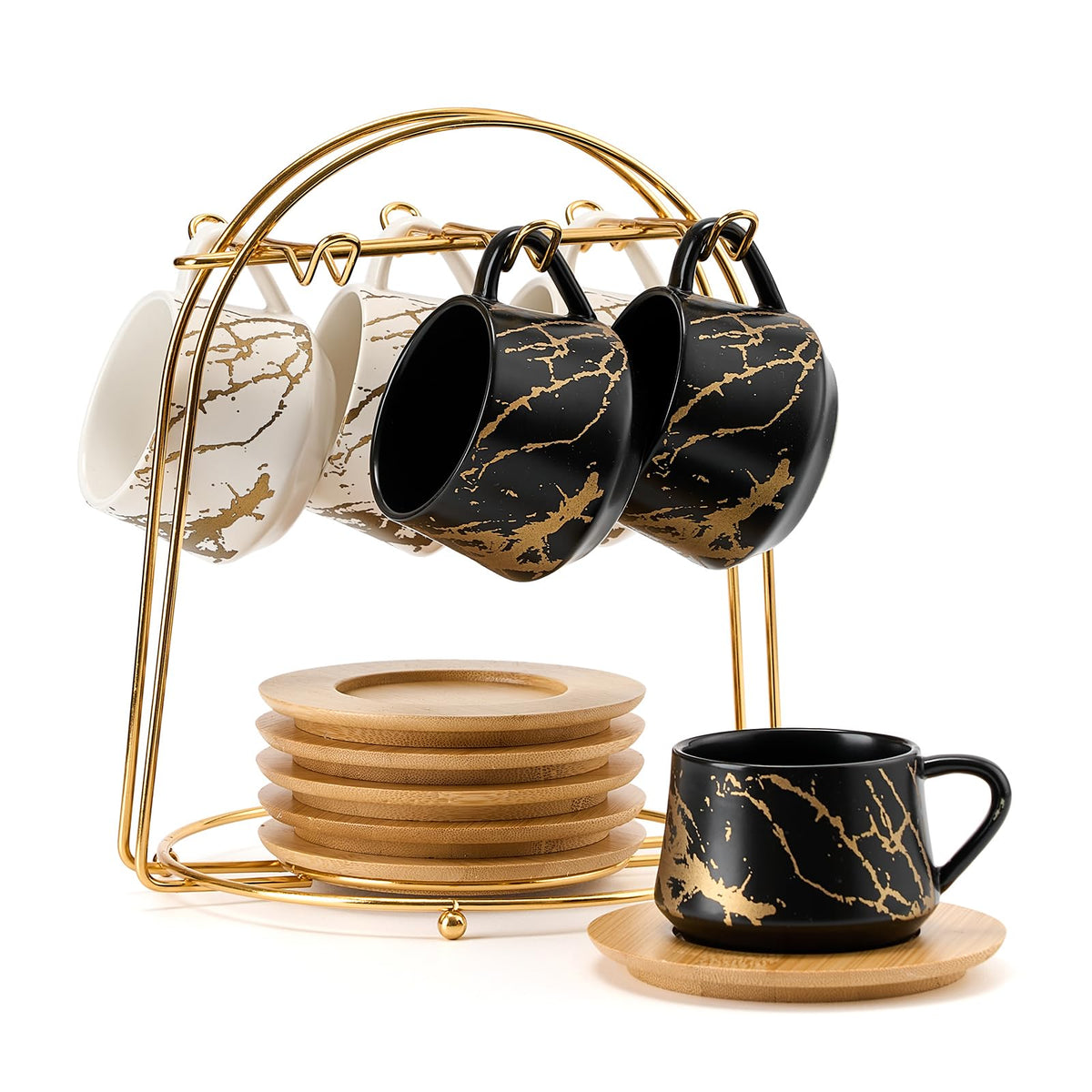 LUKA Ceramic Coffee Espresso Cups with Saucers Set with Metal Holder, 4.4 oz Porcelain Demitasse Cups For Tea, Espresso, Latte, Coffee, Cafe Mocha, Set of 6, White