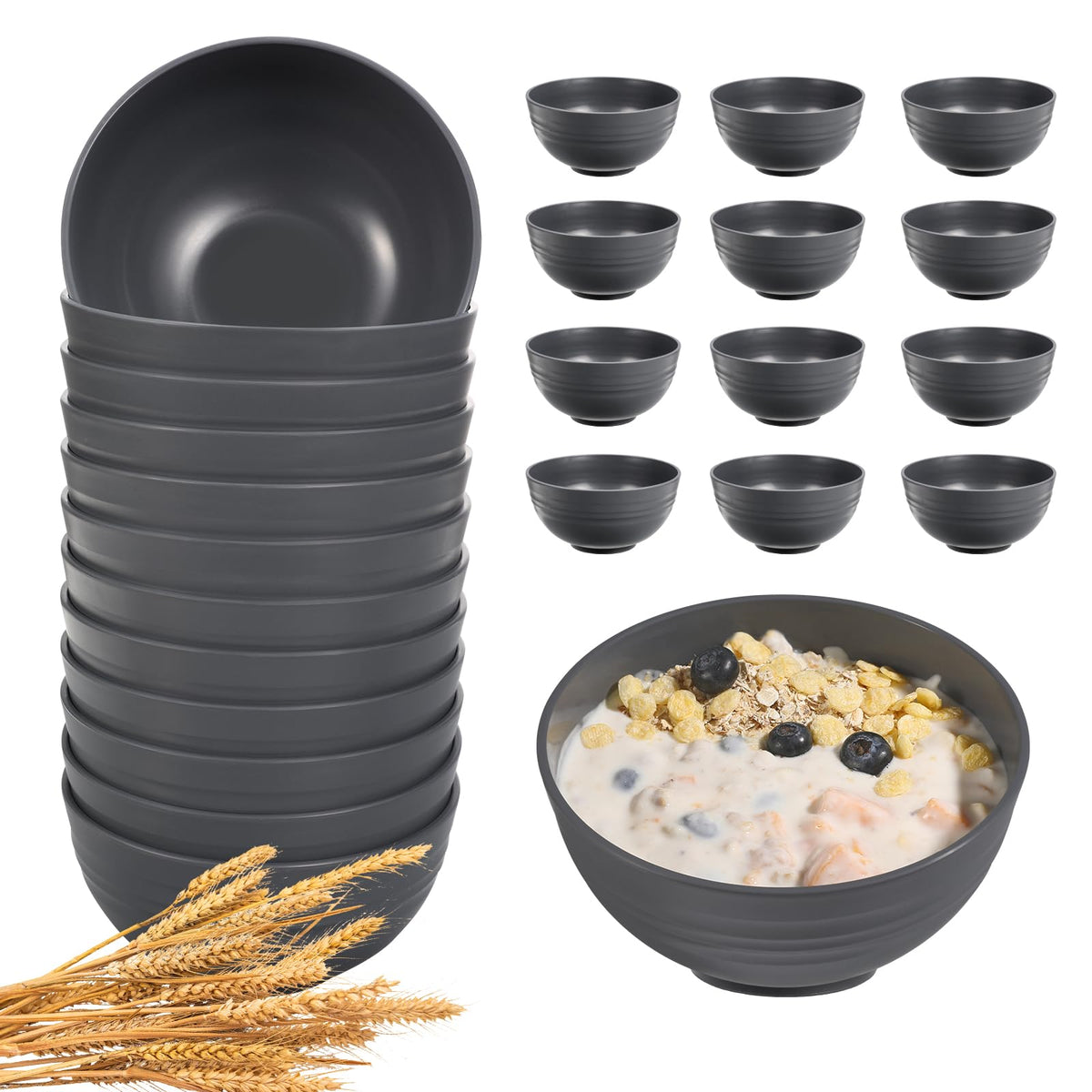 HEYCOME 12 Pcs Unbreakable Cereal Bowls Set, 26 Oz Wheat Straw Bowls Set, Microwave & Dishwasher Safe Rice Bowls for Kitchen, Reusable Plastic Bowls for Soup, Salad and Snack, BPA Free, Multicolor
