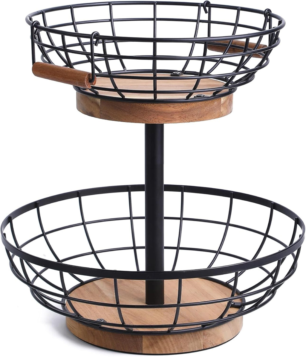 WILDMOS 2-tier Fruit Basket Bowl,Metal Basket with Wooden Base,Fruit and Vegetable Storage with Banana Hanger,Fruit Basket for Kitchen Counter Organizer.