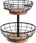 WILDMOS 2-tier Fruit Basket Bowl,Metal Basket with Wooden Base,Fruit and Vegetable Storage with Banana Hanger,Fruit Basket for Kitchen Counter Organizer.