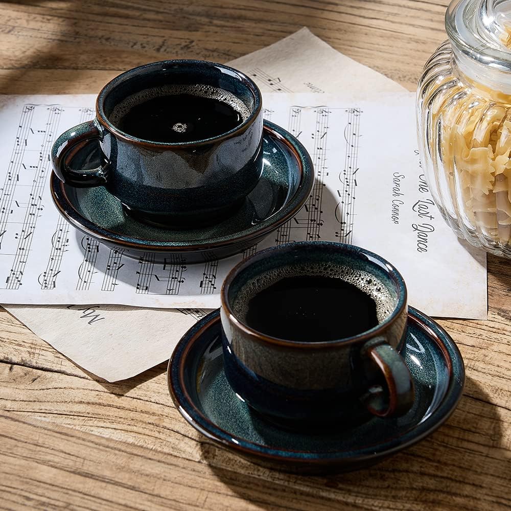 JIEMEI HOME Porcelain Stackable Espresso Cups with Saucers and Metal Stand, 4 Ounce Demitasse Cups for Specialty Coffee Drinks, Latte, Tea Set of 4, Stackable Espresso Mugs, Kiln Tide Glaze