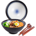 Ceramic Japanese Ramen Bowl Set, 2 Sets Asian Pho Udon Soup Noodle Bowls with Spoons and Chopsticks (Peacock Green, 8 inches)