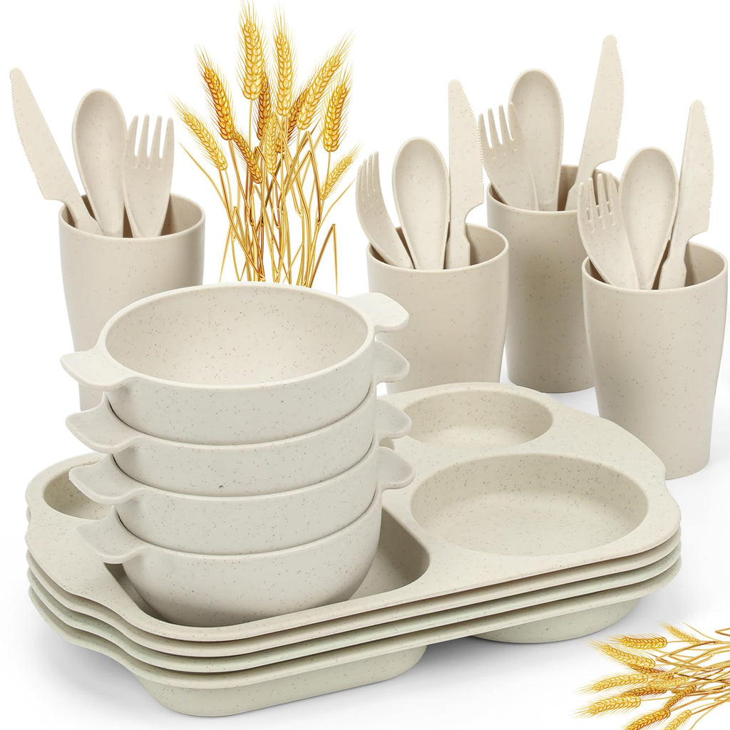 24 PCS Wheat Straw Dinnerware Set for Kids Toddler Plate Bowl Cup Sets Unbreakable BPA-Free Tableware Set with Divided Plate Microwave Dishwasher Safe Perfect for Home School Picnics