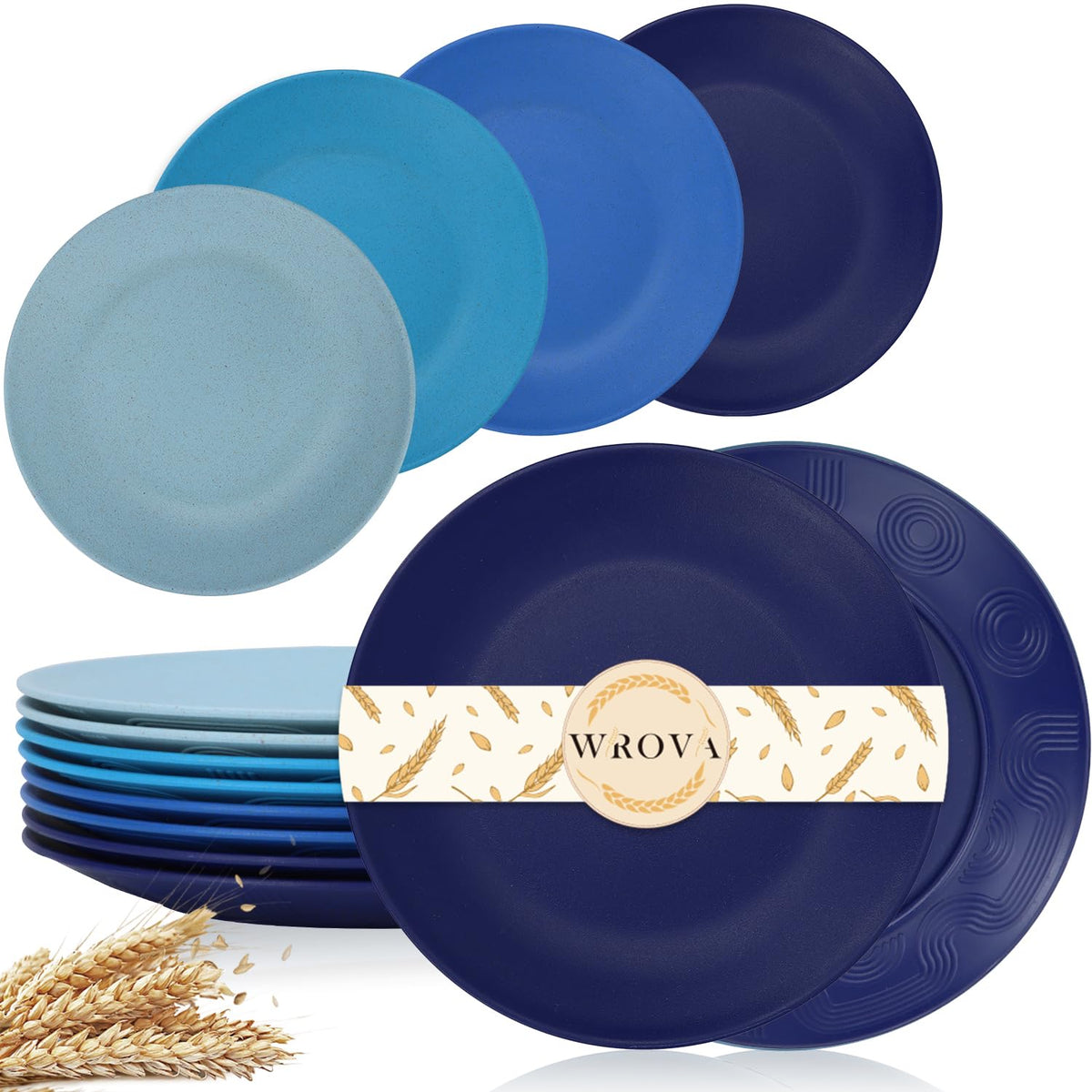 Wrova White Plastic Plates 10 Inch, Reusable Wheat Straw Plates Set of 8