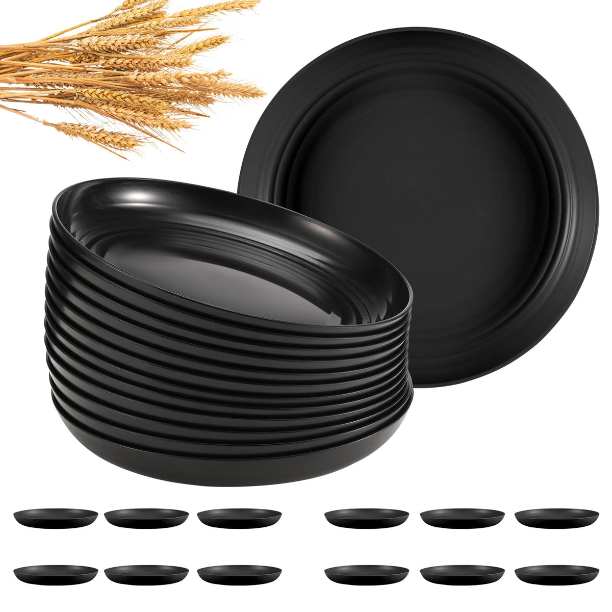HEYCOME 12 Pcs Unbreakable Deep Dinner Plates Set, 10 inch Reusable Plastic Wheat Straw Plates, Microwave and Dishwasher Safe Plate for Kitchen, Lightweight Plate for Dessert, BPA Free, Dark Green