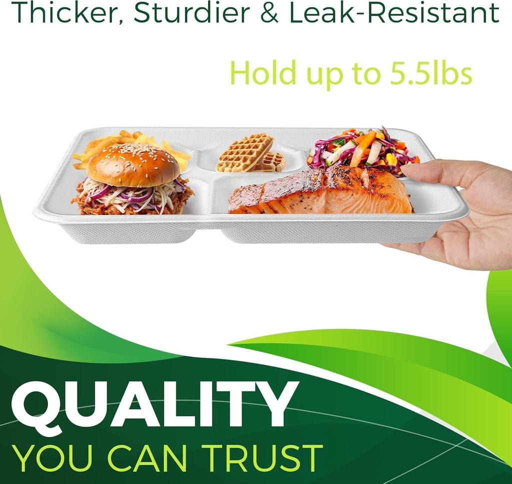 Large 5-Compartment Plate Disposable(12.5"x8.5"), 100 Plates, Disposable Paper Tray, Compostable Divided Dinner Plates, Paper Tray for Food and Party