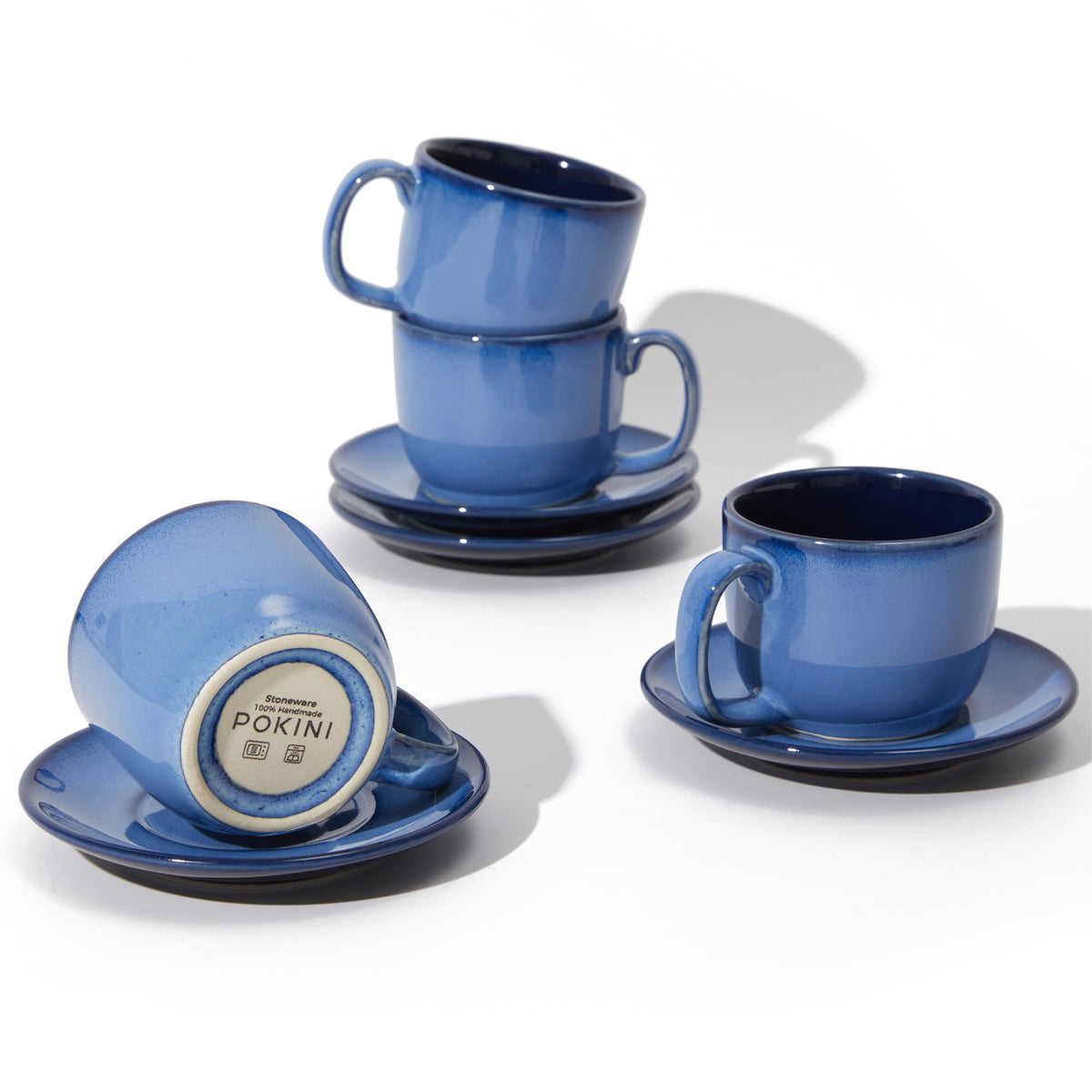 Pokini Stoneware Coffee Cups with Saucers, Cappuccino Cups, Mugs Set of 4