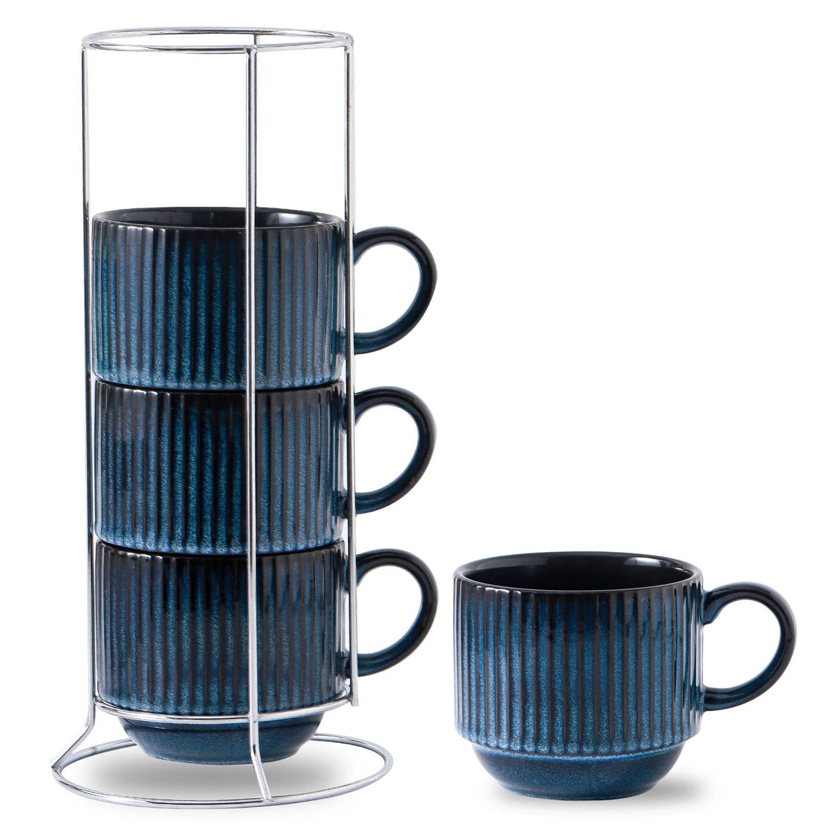 HASENSE Coffee Mug Ceramic Set of 4 with Stand, Stackable Large Latte Cups with Metal Stand, Dishwasher & Microwave Safe, Black for Cappuccino Tea Hot Cocoa