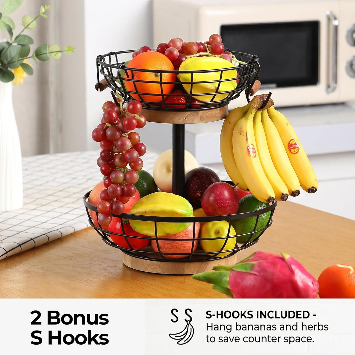 WILDMOS 2-tier Fruit Basket Bowl,Metal Basket with Wooden Base,Fruit and Vegetable Storage with Banana Hanger,Fruit Basket for Kitchen Counter Organizer.