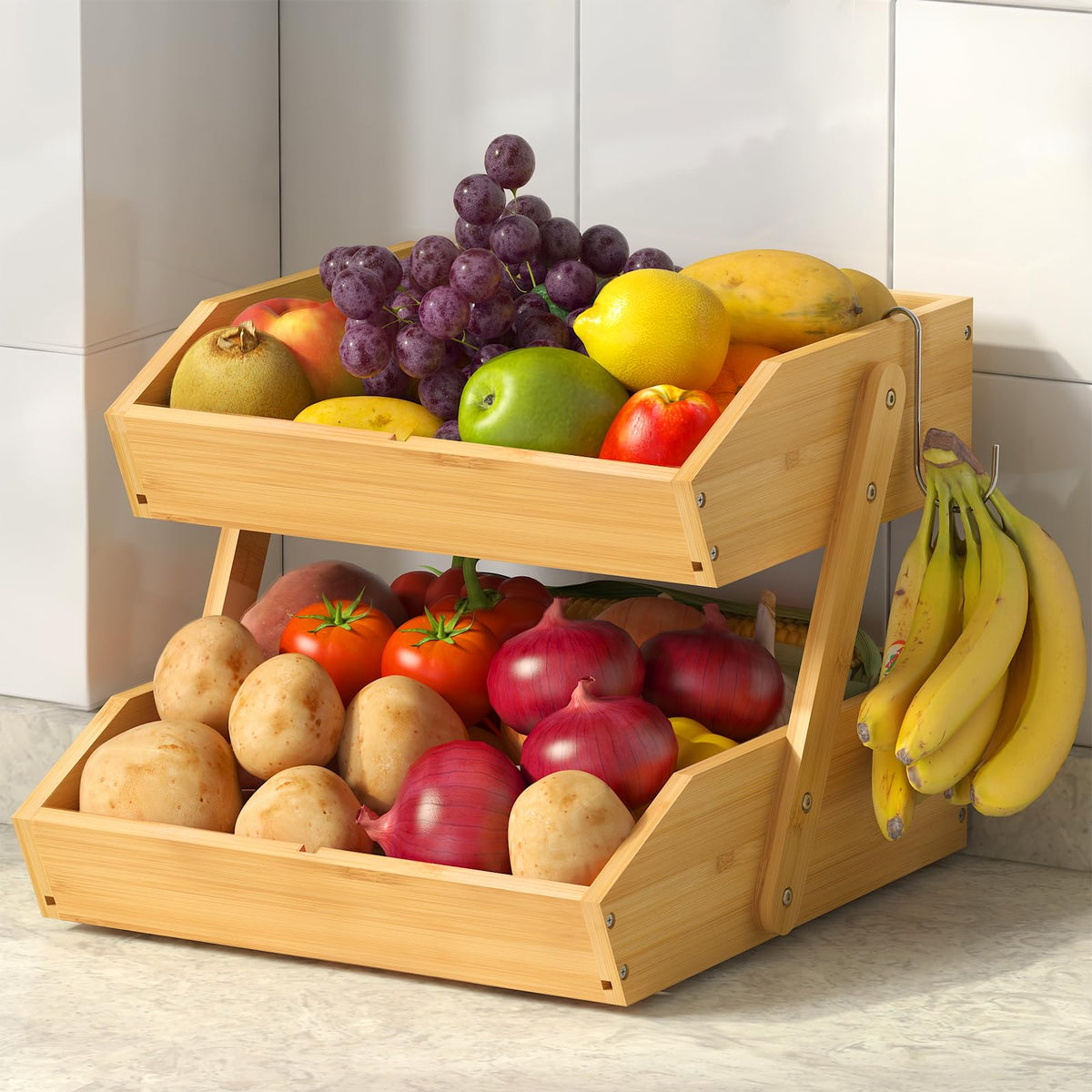 Sevenblue 3-Tier Bamboo Fruit Basket with 2 Banana Holders