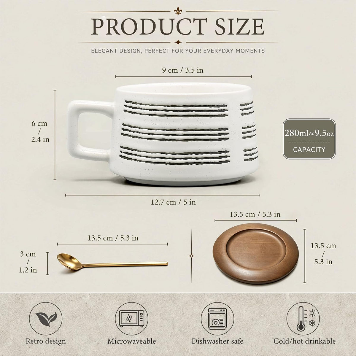 9.5 oz Vintage Ceramic Coffee Mug Set with Wooden Saucer & Metal Spoon