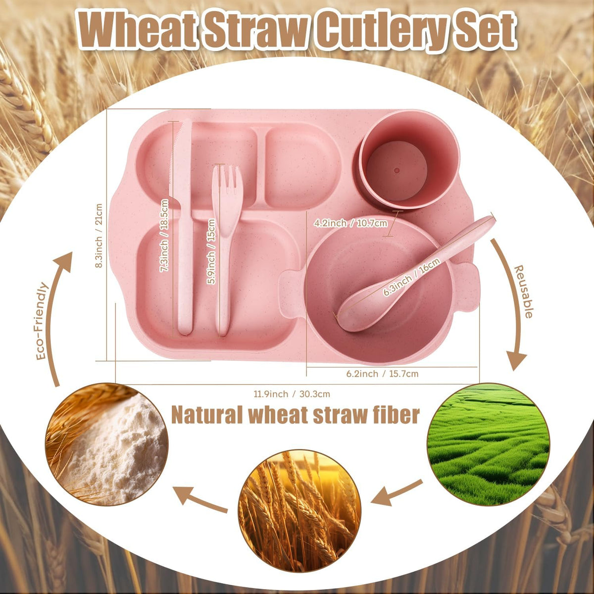 24 PCS Wheat Straw Dinnerware Set for Kids Toddler Plate Bowl Cup Sets Unbreakable BPA-Free Tableware Set with Divided Plate Microwave Dishwasher Safe Perfect for Home School Picnics