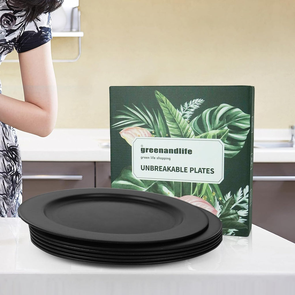 10inch/6pcs Dishwasher & Microwave Safe Wheat Straw Plates, Alternative for Plastic Plates, Lightweight Reusable Unbreakable Dinner Plates, Non-toxin, BPA Free for Kids Adults, Black