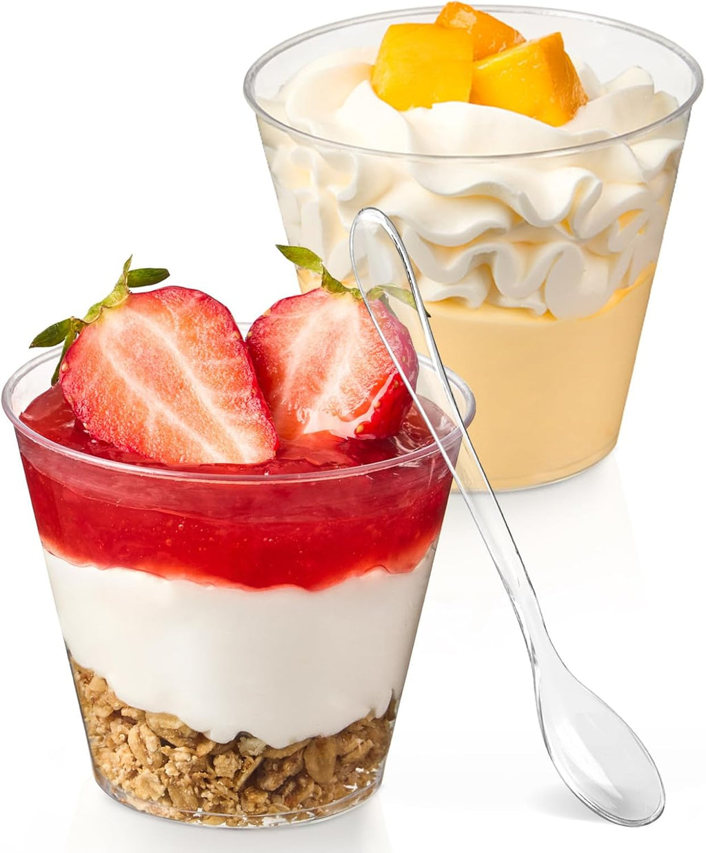 50 Pack 5 oz Plastic Dessert Cups with Spoons, Mini Mousse Cup Round Pudding Cups Party Serving Bowl for Cocktails Appetizers Fruit Parfait and Trifle