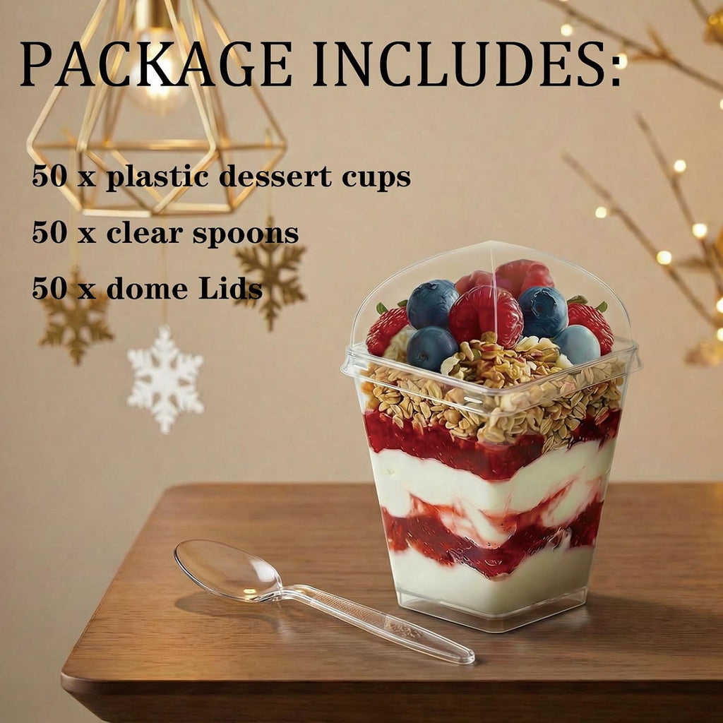 Hiasobre 5 oz Plastic Dessert Cups with Lids and Spoons, 50 Pack