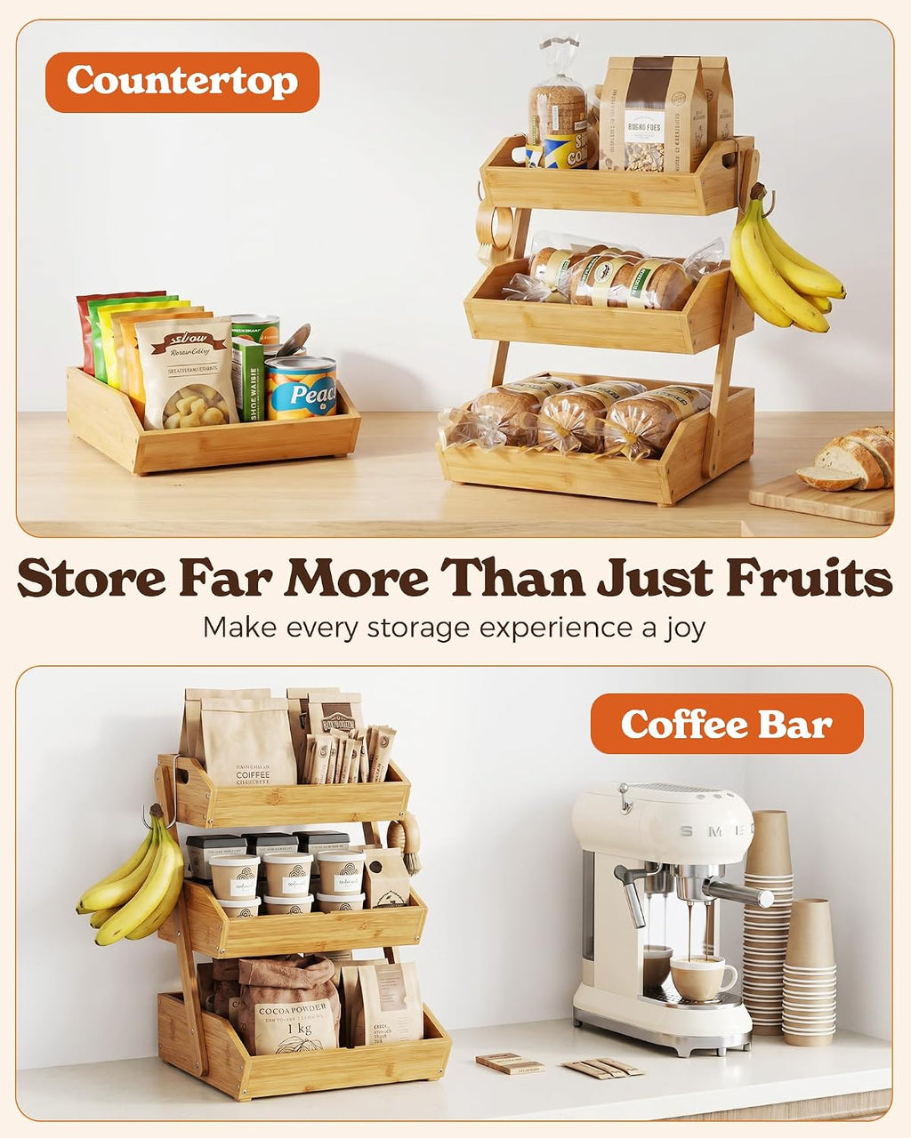 Sevenblue 3-Tier Bamboo Fruit Basket with 2 Banana Holders