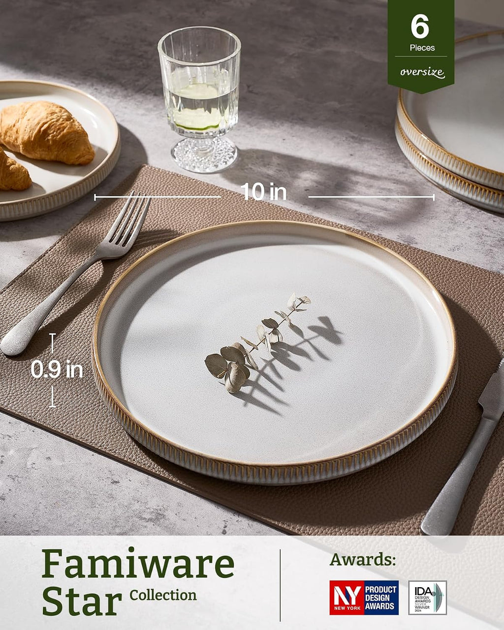 famiware Star 10/8 inches Dinner Plates Set for 6, Cappuccino White