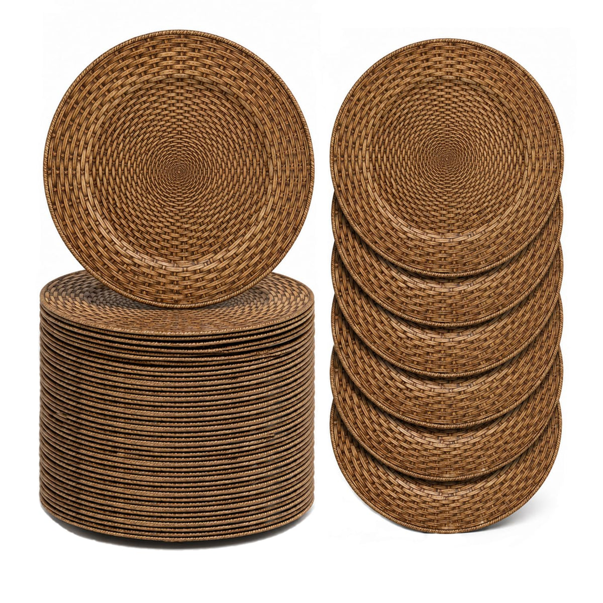 13in Charger Plates Set of 12- Faux Rattan Chargers for Dinner Plates- Brown Round Plastic Plate Charger- Farmhouse Rustic Table Charger for Wedding, Party,Halloween, Thanksgiving, Christmas