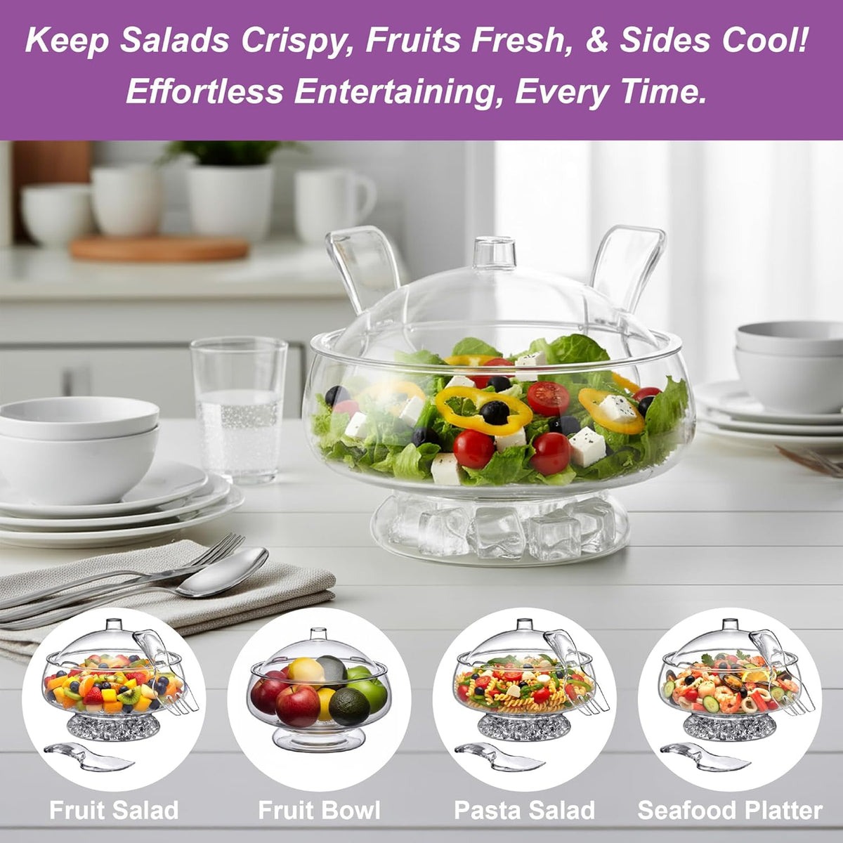 Amazing Abby - Ice Bed - Acrylic 5-Quart Salad Bowl with Built-in Ice Base and Lid, Plastic Clear Serving Bowl with Integrated Servers, Keeping Salad Cold and Fresh for Party, Picnic, Outdoor Dining