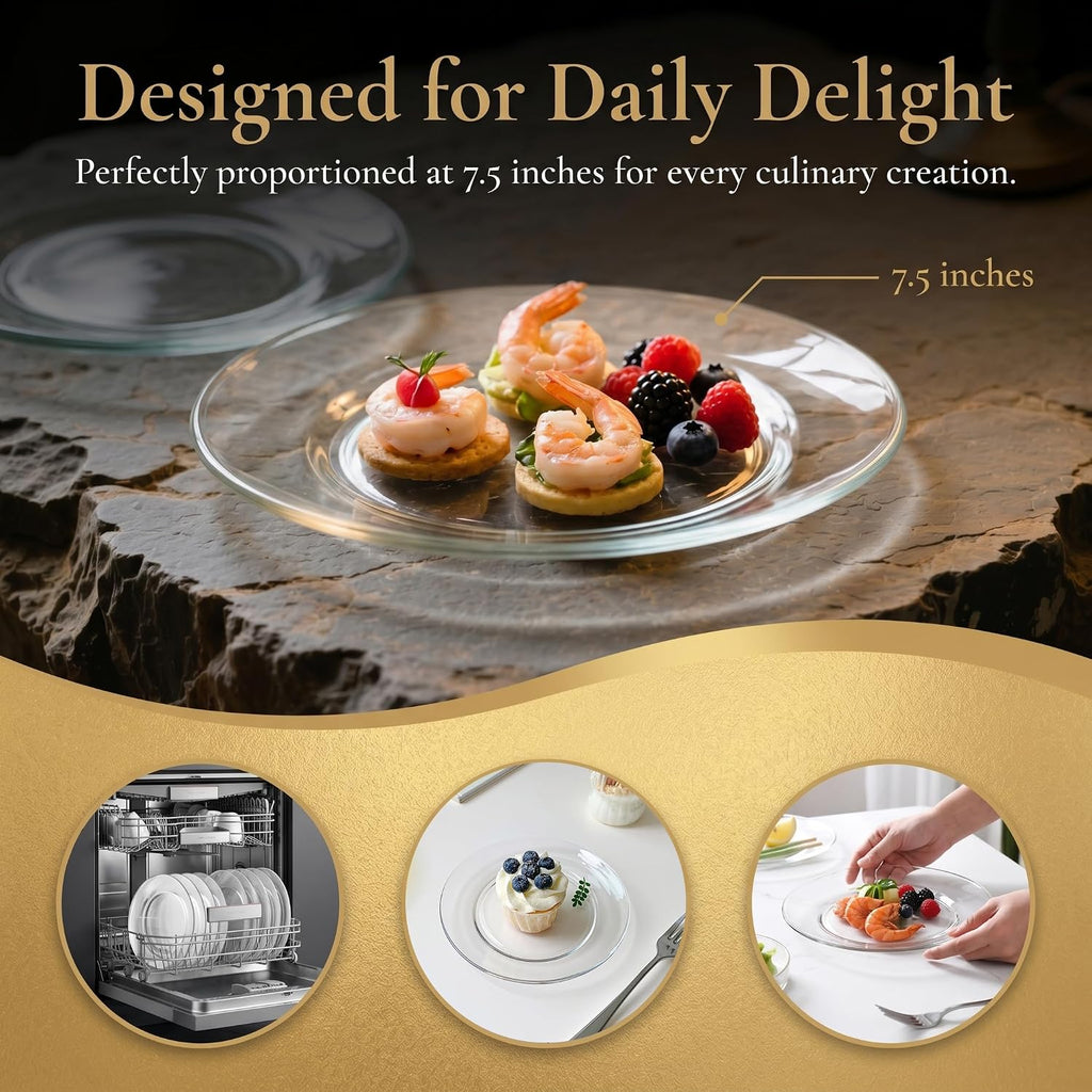 WUWEOT 8 Pack Glass Dessert Plate, 7.5" Clear Salad Plates Appetizer Plate, Snack Fruit Plate Cake Holder, Dishwasher Safe