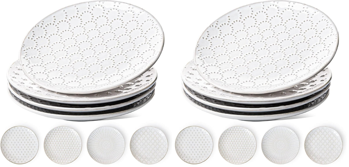 LE TAUCI Ceramic Dinner Plates Set of 4, 10 Inch Large White Plate Set for Kitchen, Microwave & Dishwasher Safe Dinnerware Sets, Scratch Resistant Serving Plates for Steak, Pasta - Embossed, White
