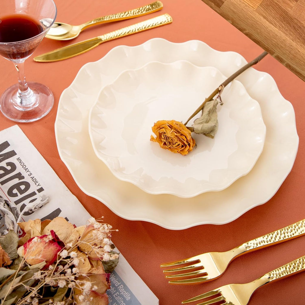 LIYH 24 Pcs Plastic Plates Reusable,Unbreakable Dinner Plates, Scalloped Plastic Plates, Dishwasher Safe,Ivory Plate Sets Perfect for Parties, Birthday, Picnics, BPA Free(12Guests)