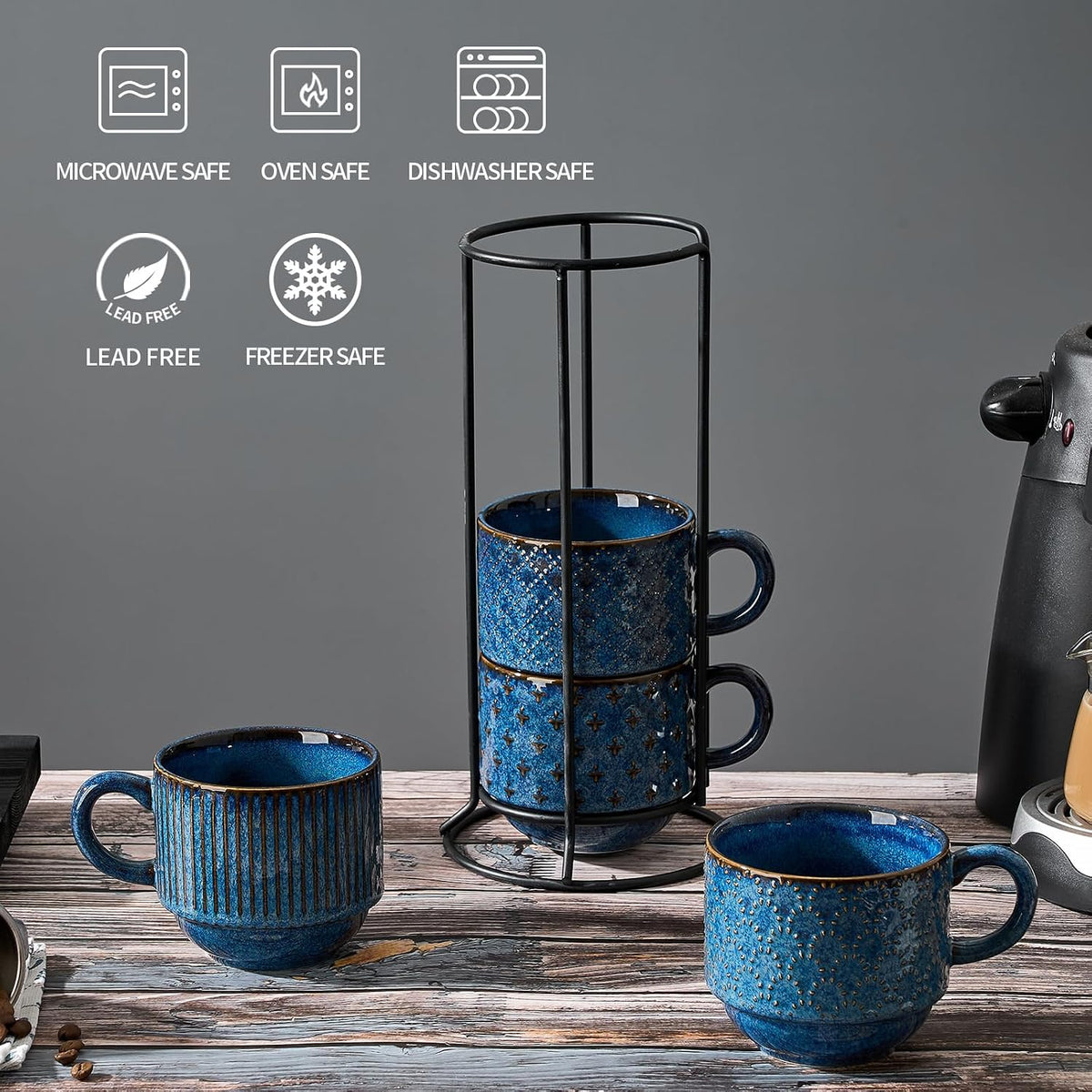 Large Ceramic Coffee Mug Set of 4 with Stand, 15 Oz Stackable Different Embossment Ribbed Latte Cup Set for Cappuccino, Tea, Hot Cocoa, Drinks - Dishwasher & Microwave Safe, Blue