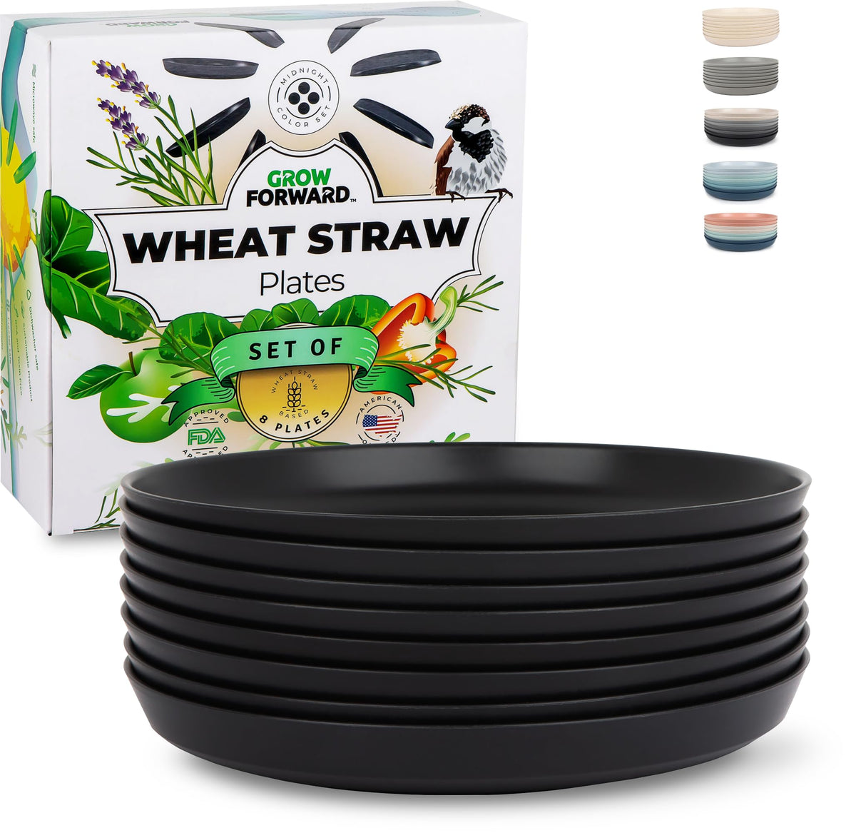 Grow Forward Premium Wheat Straw Plates - 8 Inch Reusable Hard Plastic Dinner Plates Set of 8 - Unbreakable Microwave Safe Plates for Dessert, Camping, RV, Outdoors, Patio, Kitchen Dishes - Sahara
