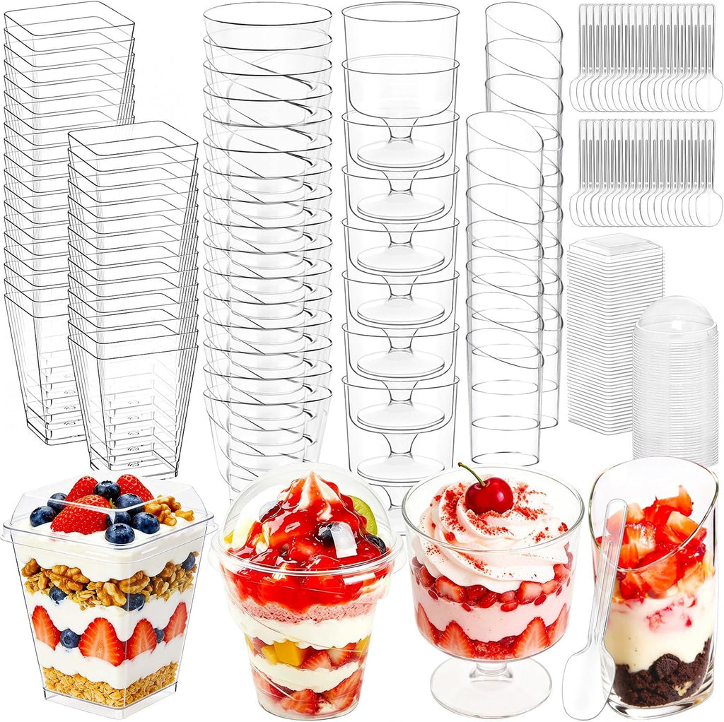 450-Pack 5oz Plastic Dessert Cups with Lids & Spoons, Mini Dessert Shooter Cups for Party, Clear Yogurt Parfait Appetizer Cups with Lids, Square Appetizer Cups for Ice Cream, Pudding, Fruit