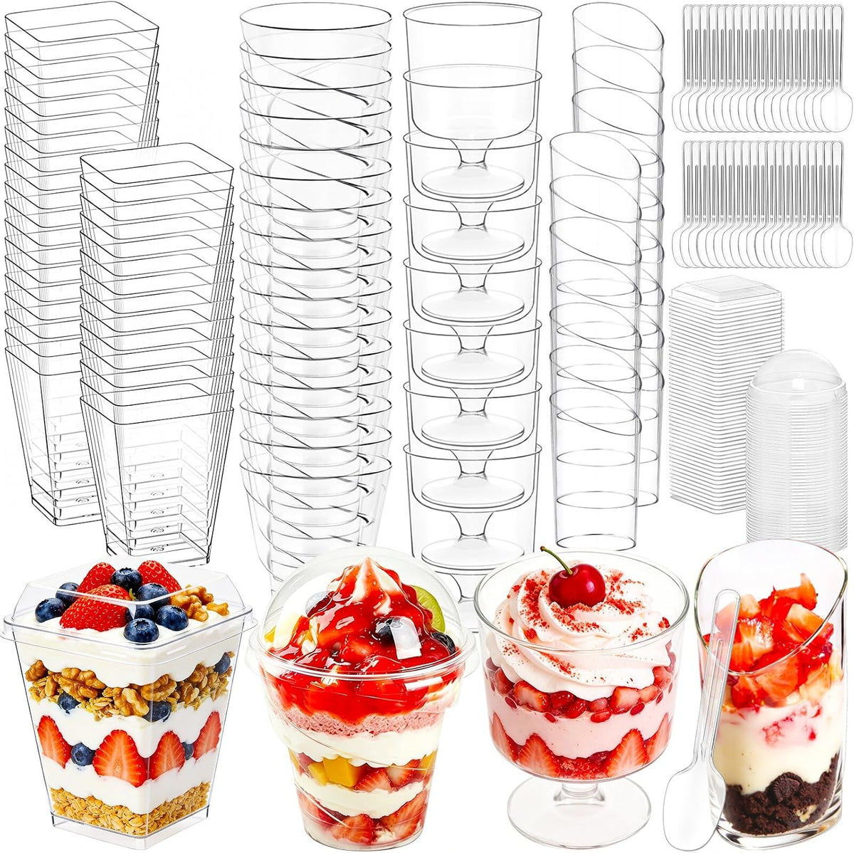 450-Pack 5oz Plastic Dessert Cups with Lids & Spoons, Mini Dessert Shooter Cups for Party, Clear Yogurt Parfait Appetizer Cups with Lids, Square Appetizer Cups for Ice Cream, Pudding, Fruit